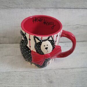 VTG Kitty 3D Black White Cat Mug Red Bow 16 Oz By Ros Gallery